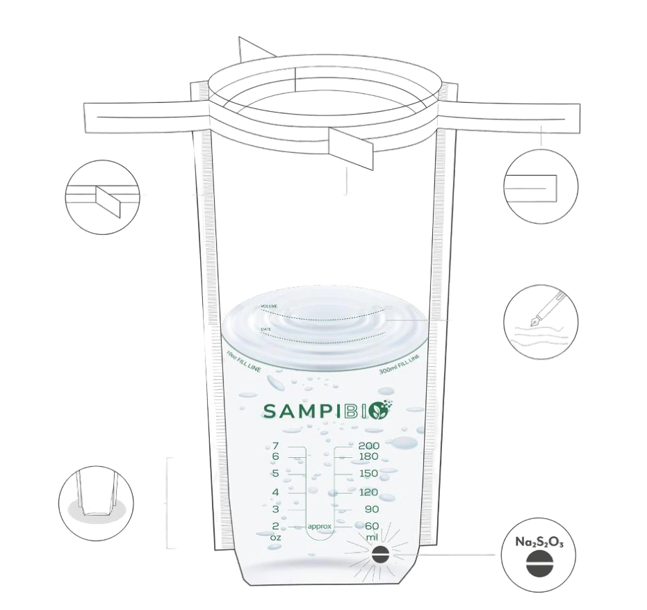 SAMPIBIO water sampling stand-up bag with sodium thiosulfate tablet and wire closure